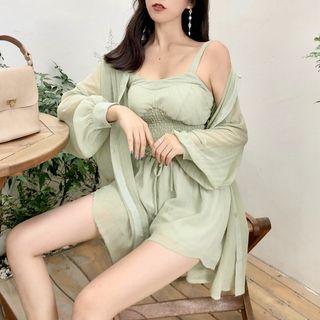 Set: Sleeveless Crop Top + Drawstring Wide-leg Shorts + Plain Light Sheer Shirt Green - One Size