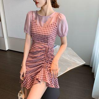 Mock Two-piece Puff-sleeve Plaid A-line Dress