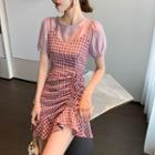 Mock Two-piece Puff-sleeve Plaid A-line Dress