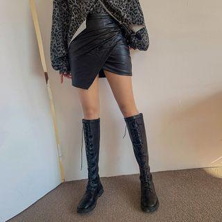 Ruched Pleather Mini Wrap Skirt