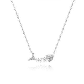 925 Sterling Silver Rhinestone Fish Bone Pendant Necklace As Shown In Figure - One Size