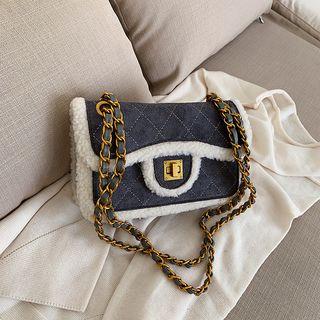 Fleece Trim Argyle Stitched Crossbody Bag