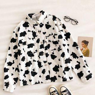 Color-block Single-breasted Long-sleeve Blouse White - One Size