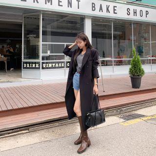 Peaked-lapel Double-button Long Blazer