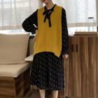 Long-sleeve Tie Neck Polka Dot Dress / Plain Knitted Vest