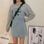 Spaghetti-strap Denim Mini A-line Dress / Cropped Hoodie