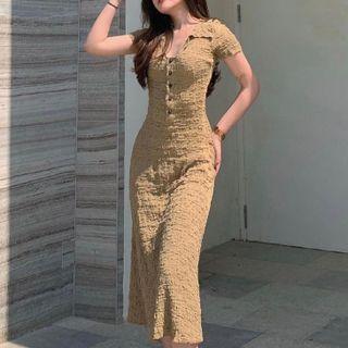 Short-sleeve Lapel Button-up Crinkle Midi Dress