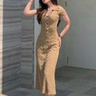 Short-sleeve Lapel Button-up Crinkle Midi Dress