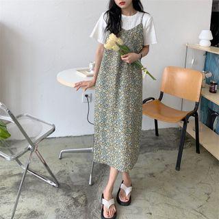 Short-sleeve Knit Top / Floral Printed Strappy Midi Dress