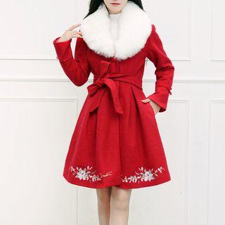 Furry Collar Long Woolen Coat