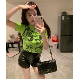 Short-sleeve Cartoon Print Knit Top Green - One Size