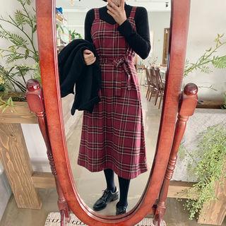 Plaid Long Pinafore Dress & Sash