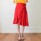 Band-waist Wrap-front Frilled Midi Skirt