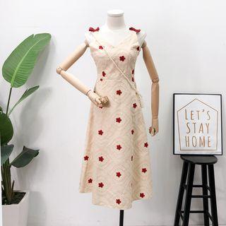 Ribbon-accent Embroidered Sleeveless Dress