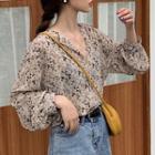 Long-sleeve Floral Blouse Almond - One Size