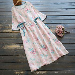 Elbow-sleeve Floral Print Midi A-line Dress Pink - One Size