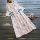 Elbow-sleeve Floral Print Midi A-line Dress Pink - One Size