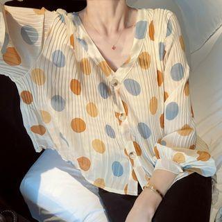 Long-sleeve V-neck Dotted Chiffon Blouse