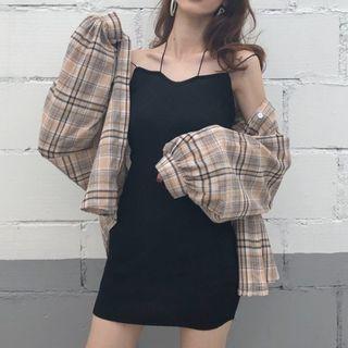 Plaid Oversize Shirt / Open Spaghetti Strap Mini Sheath Dress