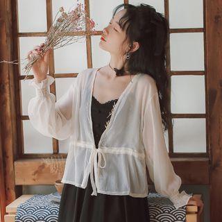 Puff-sleeve Tie-waist Chiffon Light Jacket