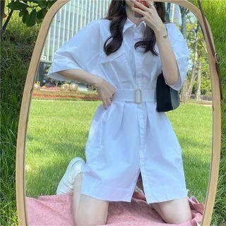 Elbow-sleeve Pocket Detail Mini Shirtdress