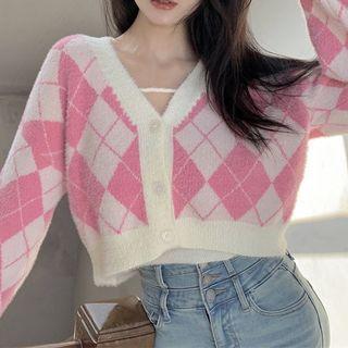 Set: Knit Camisole Top + Argyle Print Cardigan