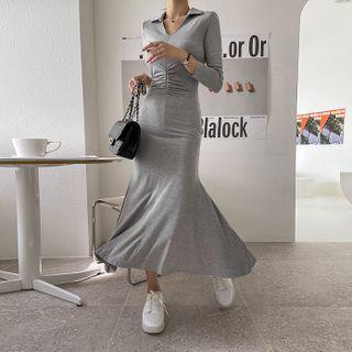 Open-placket Shirred Long Bodycon Dress