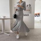 Open-placket Shirred Long Bodycon Dress