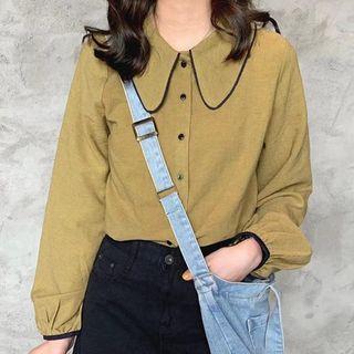 Long-sleeve Contrast Trim Wide Collar Shirt