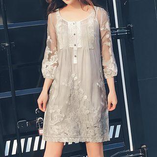 Set: 3/4-sleeve Lace A-line Dress + Slipdress