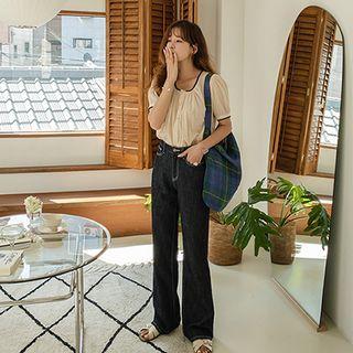 Contrast-trim Shirred Blouse