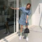 Puff-sleeve Ruffle-hem Denim Dress Blue - One Size