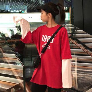 Mock Two-piece Lettering Long-sleeve T-shirt Red - One Size