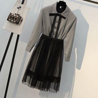 Set: Bow Accent Long-sleeve A-line Dress + Mesh A-line Skirt