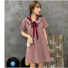Plaid Short-sleeve Sailor Collar A-line Dress