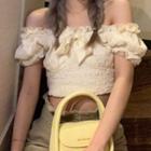 Puff-sleeve Off-shoulder Cropped Blouse Beige - One Size