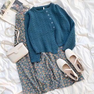 Long-sleeve Plain Knit Cardigan / Floral Printed Midi Skirt