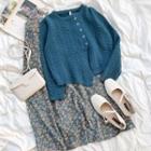Long-sleeve Plain Knit Cardigan / Floral Printed Midi Skirt