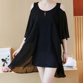 Mock Two-piece Cold-shoulder Mini Chiffon Dress