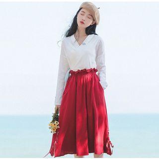Set: Hanfu V-neck Blouse + A-line Midi Skirt