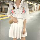 Flower Embroidered Loose-fit Short-sleeve Shirt / Plain Skirt