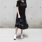 Round-neck Mesh-hem T-shirt Dress Black - One Size