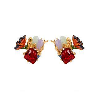Fashion And Elegant Plated Gold Flower Enamel Stud Earrings With Cubic Zirconia Golden - One Size