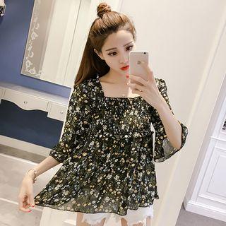 Floral Print Shirred Elbow-sleeve Chiffon Blouse