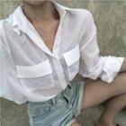 Pocket Front Long Sleeve Sheer Shirt White - One Size
