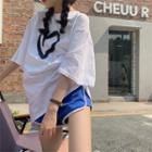 Elbow-sleeve Heart Print Oversized Tee