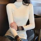 Mock Neck Color Panel Long-sleeve Knit Top