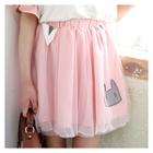Cat-print Tulle-overlay Mini Skirt