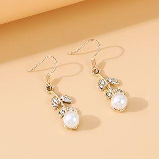 Rhinestone Leaf Faux Pearl Drop Earring 1 Pair - Gold & White - One Size