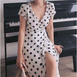 Short-sleeve Dotted Wrap A-line Midi Dress